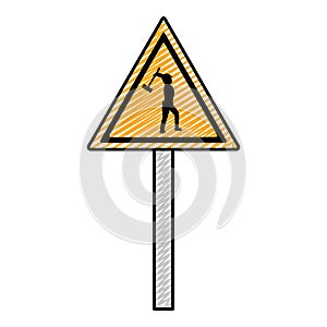 Doodle triangle caution emblem and laborer with mallet