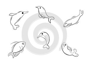 Doodle underwater fish icon cartoon comic silhouette abstract background vector illustration 2