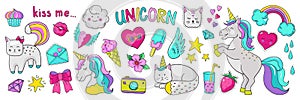 Doodle unicorn stickers. Pop art fashion elements, modern trendy comic 90s icons. Vector cartoon rainbow cat heart star