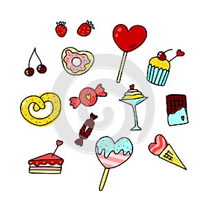 Doodle Valentines Day sweets set. Hand-drawn hearts desserts