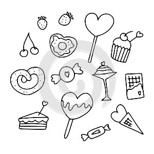 Doodle Valentines Day sweets set. Hand drawn hearts desserts
