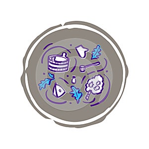 Doodle vaporarium - color logo on a white background in a flat style. bath accessories - doodle composition. basin, ladle and hat
