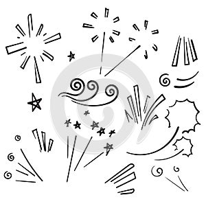 Doodle Vector collection of swishes, swashes, swoops. Calligraphy swirl. Highlight text elements. Hand drawn fireworks cartoon