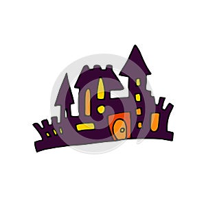 Doodle vector color creepy castle. Hand-drawn fortress