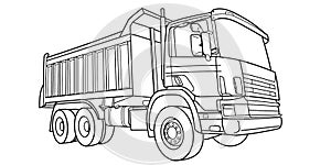 Doodle vector contour, outline dump truck wide angle side and front view. Truck; semitrailer tank. Oil, fuel tanker. Freight, liqu