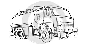 Doodle vector contour, outline tank truck wide angle side and front view. Truck; semitrailer tank. Oil, fuel tanker. Freight, liqu