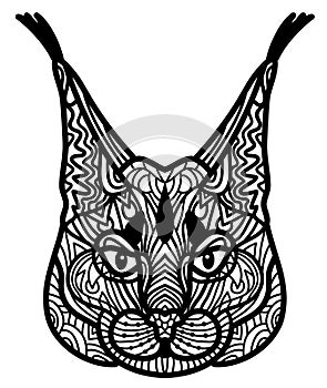 Doodle vector drawing of a prairie lynx head made in zen art style. Illustration isolated on white. Suits as tattoo or
