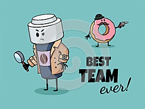 Doodle vector food illustration - A paper cup of coffee and a donut as  detectives partners, policemen investigating a crime.