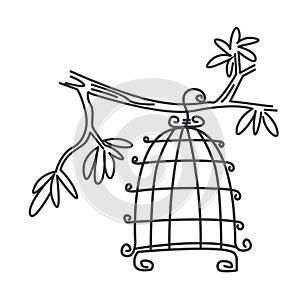 doodle vector illustration of a bird cage hanging on a tree