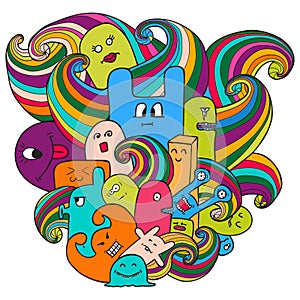 Doodle vector illustration with monsters. Funny monsters graffiti. Hand drawn sketch art.