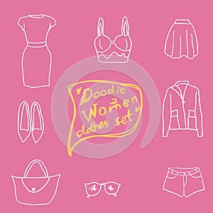 Doodle vector isolated fashion set of women clothes, White clothes icons.