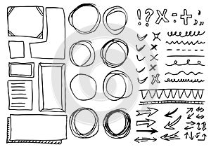 Doodle vector lines and curves.Hand drawn check and arrows signs. Set of simple doodle lines, curves, frames and spots. Collection