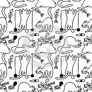 Doodle vector seamless pattern Food waste problem with garbage and undomestic cats photo