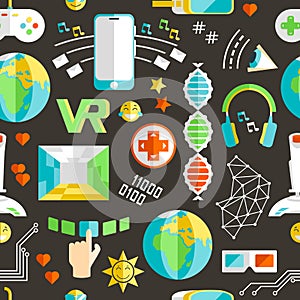 Doodle vector seamless pattern with virtual reality and innovati