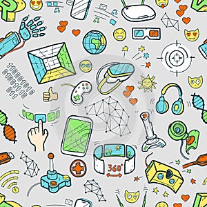Doodle vector seamless pattern with virtual reality and innovati