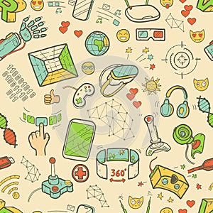 Doodle vector seamless pattern with virtual reality and innovati