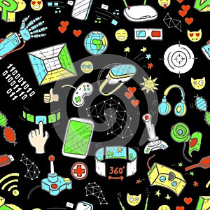 Doodle vector seamless pattern with virtual reality and innovati