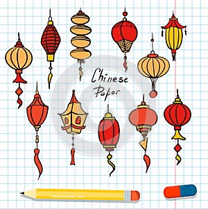 Doodle vector set of chinese paper lanterns. Flat colorful icons oriental decoration of china culture. Illustration of