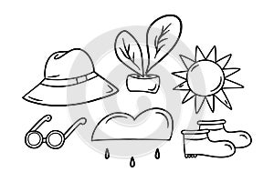 Doodle vector set of hand drawn gardening elements, plant, boots, glasses, sun, cloud, hat. Simple outline