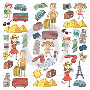 Doodle vector set Travel , vacation, adventure. Children with parents Preparing for your journey. Kindergarten, school