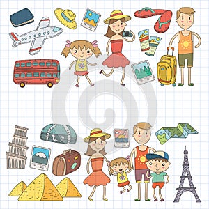 Doodle vector set Travel , vacation, adventure. Children with parents Preparing for your journey. Kindergarten, school