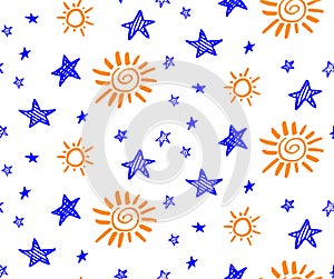 Doodle vector stars and suns seamless pattern. Hand drawn. Cartoon style