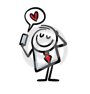 Doodle vector stickman gets love message via sms on smartphone in comic bubble heart.