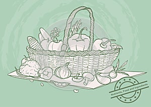 The doodle vegetables set in basket, vector vegan ingredient, healthy food, doodle style