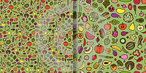 Doodle vegetarian seamless patterns set. Repeat backgrounds