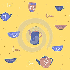 Doodle vintage tea porcelain. cut seamless pattern teapot cup on yellow. vector pattern. Trendy background for scrapbook