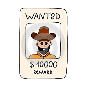 Doodle of wanted poster with cowboy with hand drawn outline. Simple colorful doodle of vintage western banner with