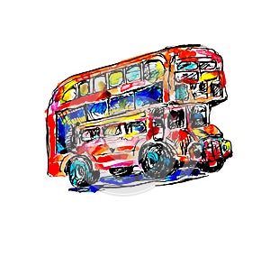 Doodle watercolor sketch painting of London symbol - red bus