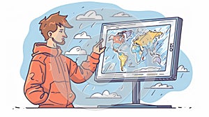 Doodle weather forecast doodle concept of a male character standing in front of a screen with a meteorology map. A line