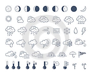 Doodle weather icons pack. Hand drawn icon set.