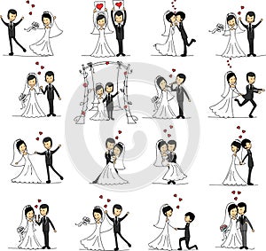 Doodle wedding set for invitation cards, including template design decorative elements - flowers, bride, groom, church