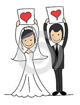 Doodle wedding set for invitation cards, including template design decorative elements - flowers, bride, groom, church