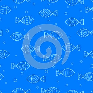 Doodle white fishes with simple pattern and bubble on blue background. Seamless ocean summer pattern.
