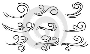 Doodle wind blow, gust design isolated on white background