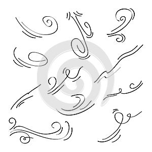 Doodle wind blow, gust design isolated on white background.