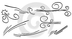 Doodle wind blow, gust design isolated on white background