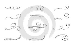 Doodle wind icon set. Swirl elements hand drawn doodle. Wind blows, windy motion, air condition blow, air masses flow