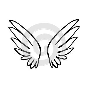 Doodle wings. Cartoon bird feather wings, religious angel wings ink sketch, black tattoo silhouette.