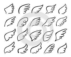 Doodle wings. Flying angelic wing logo, stylized sketch angel feathers tattoo outline drawing. Hand drawn bird wing