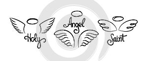 Doodle wings logo. Pair of hand drawn angel wings with decorative text and halo, heavenly religious emblems. Vector set