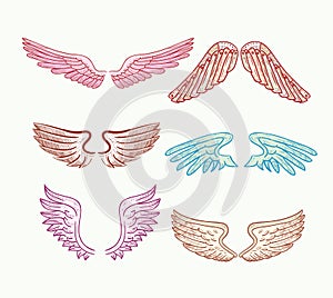 Doodle wings set, vector illustrations.