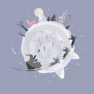 Doodle Winter Planet with Santa Claus and deer silhouettes flying in a sleigh. Cute small Xmas planet with a fox, house