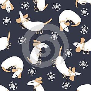 Doodle winter seamless pattern with dachshunds and snowflakes. Perfect for T-shirt, postcard, textile and print. Hand drawn