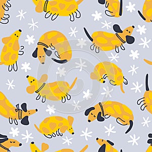 Doodle winter seamless pattern with spotted dachshunds and snowflakes. Perfect for T-shirt, postcard, textile and print.