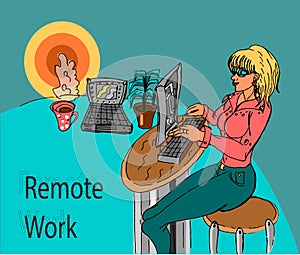Doodle woman working at home. Remote work concept.