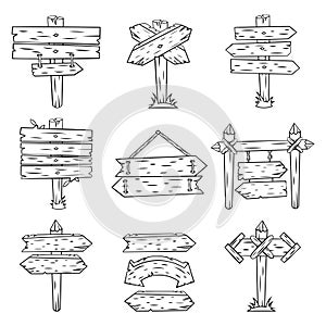 Doodle wood signs. Hand drawn wooden signpost and arrows sketch. Retro street road sign post showing direction isolated